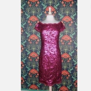 JS Collections Fushcia Hot Pink Sequin Sheath Short Sleeve Cocktail Dress 8